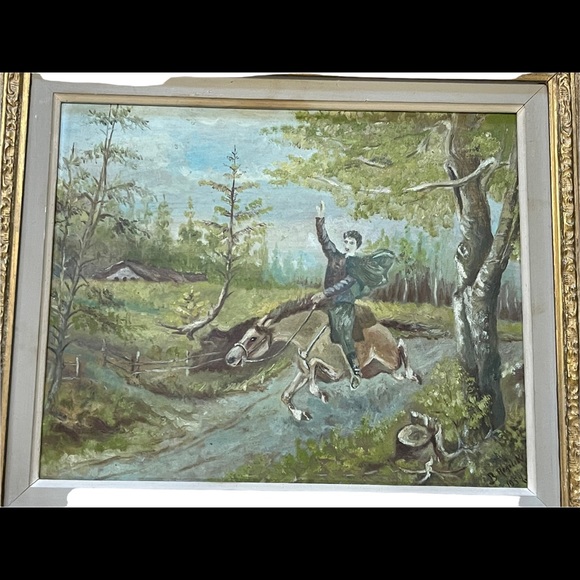 Vintage Signed oil painting Man on horse gold gilt ornate wood frame - Picture 7 of 16